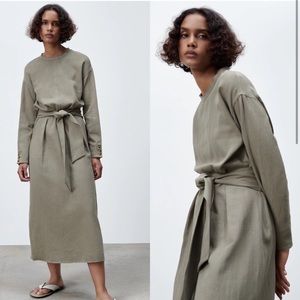 NWOT Linen/Cotton Midi Dress from Zara - Khaki Green / Size XXL